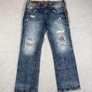 Rock Revival Deshaw Jeans Mens 34x30.5 Straight Distressed Large Stitching*Read*